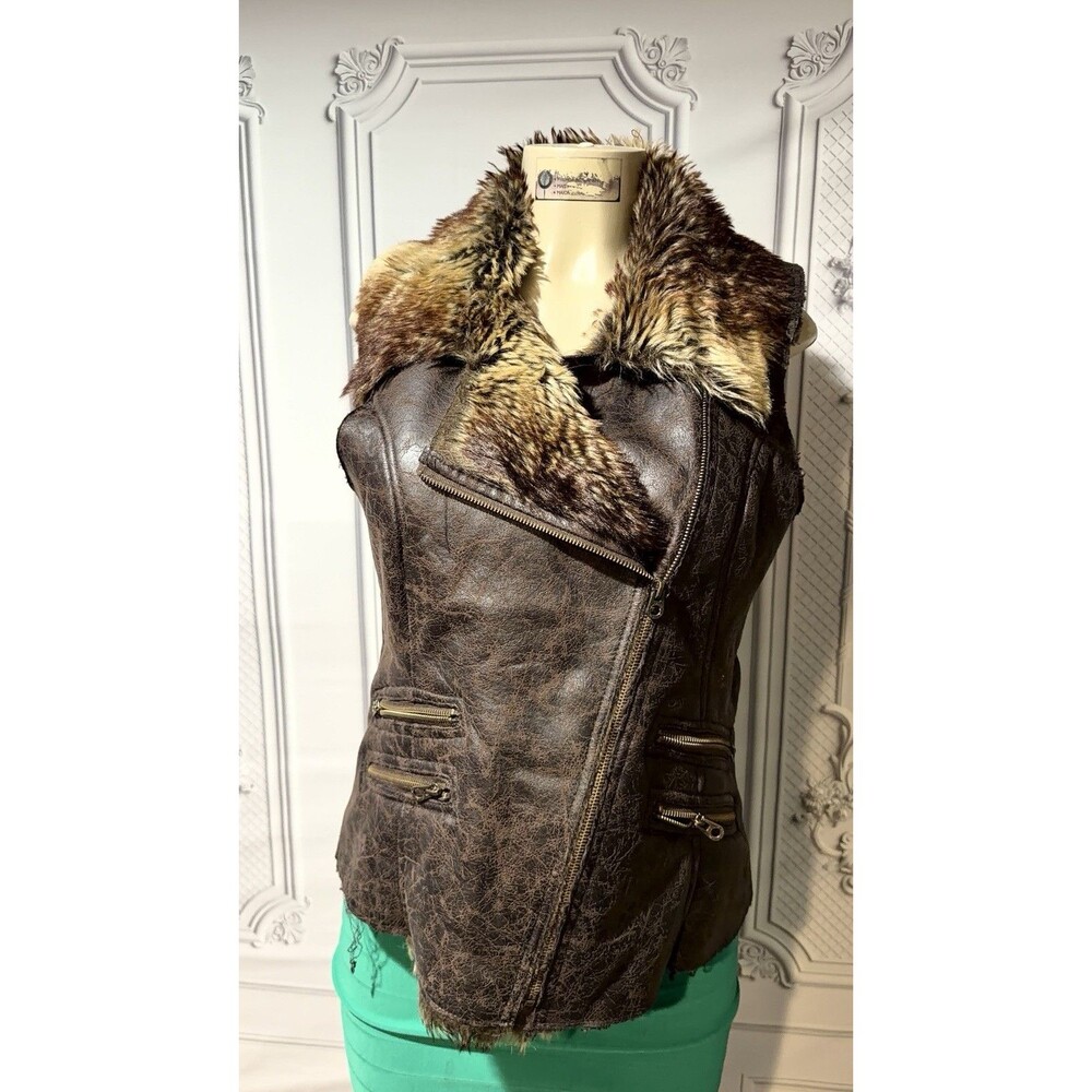 Mo x Members Only Coffee Brown Leather Faux Fur Vest Full Zip Womens Size M